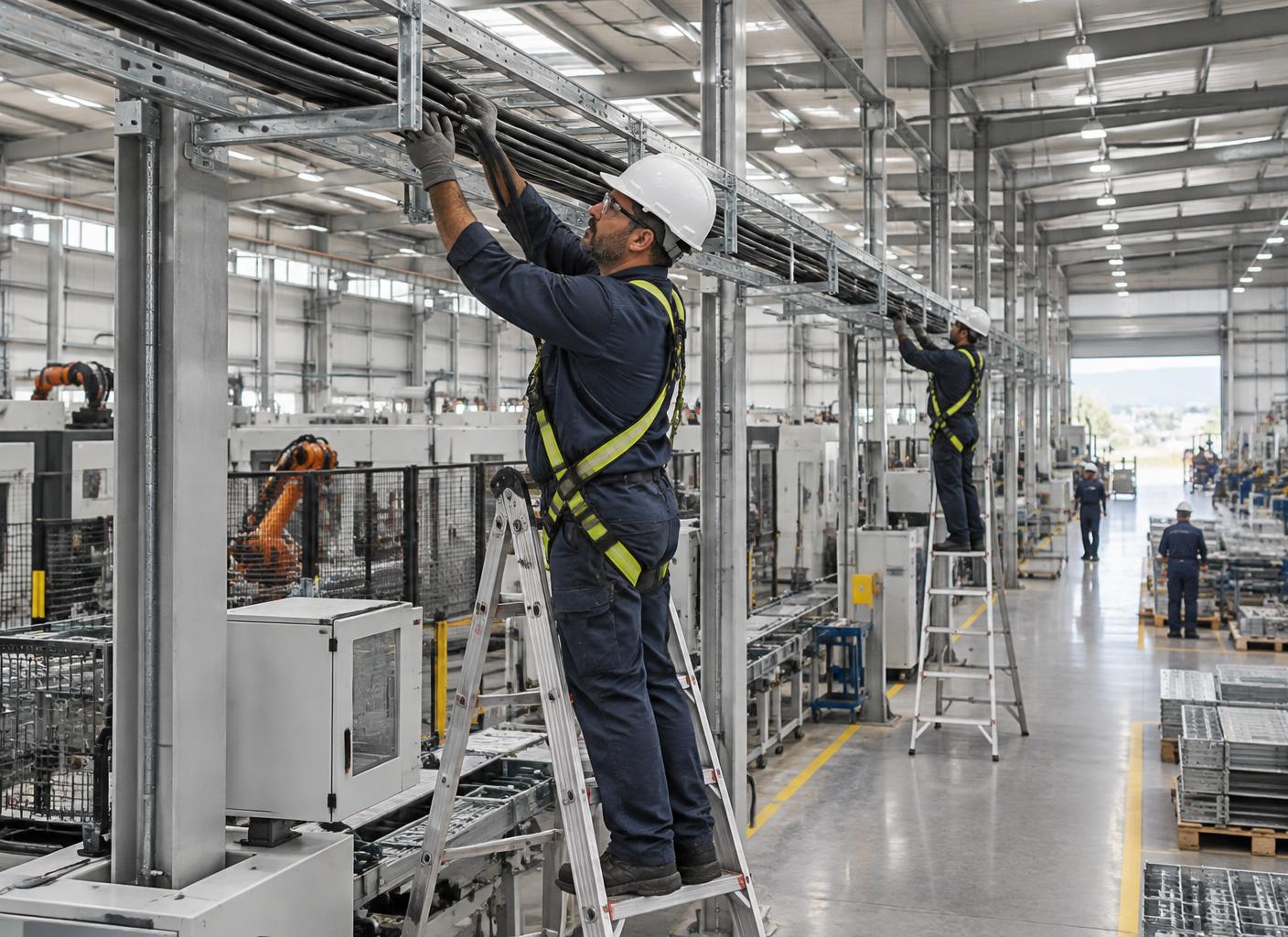Electricistas a passar cabos numa fábrica de grandes dimensões