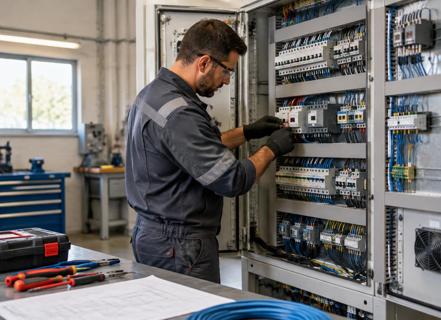 Electricista a instalar e ligar um quadro eléctrico industrial