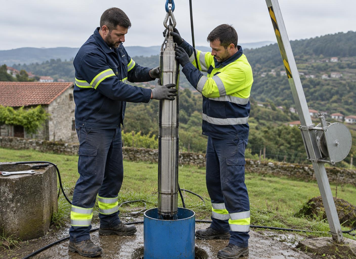 Técnicos a retirar uma bomba submersível de um furo